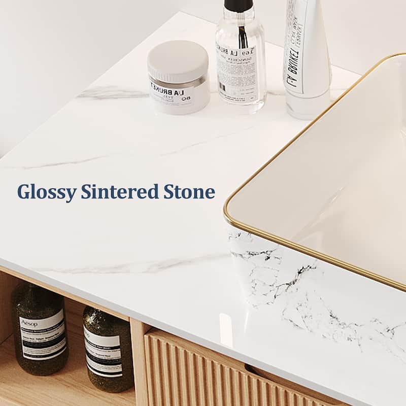 35.83'' Single Bathroom Vanity with Glossy Sintered Stone Top, Light Wood & Dark Wood