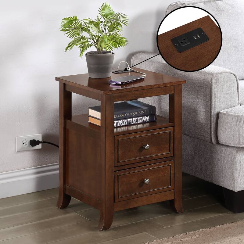 Melbourne End Table with Two Drawers, Shelf and Built-In Charging Station, Stylish Accent Side Table with USB Ports and Plug