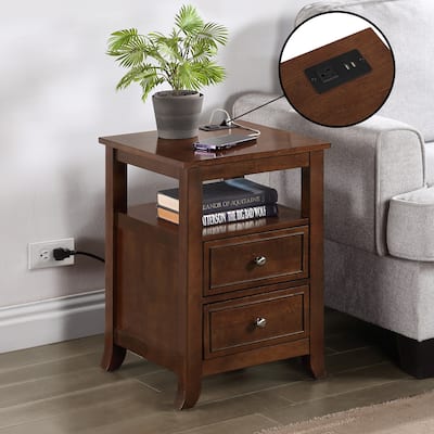 Melbourne End Table with Two Drawers, Shelf and Built-In Charging Station, Stylish Accent Side Table with USB Ports and Plug