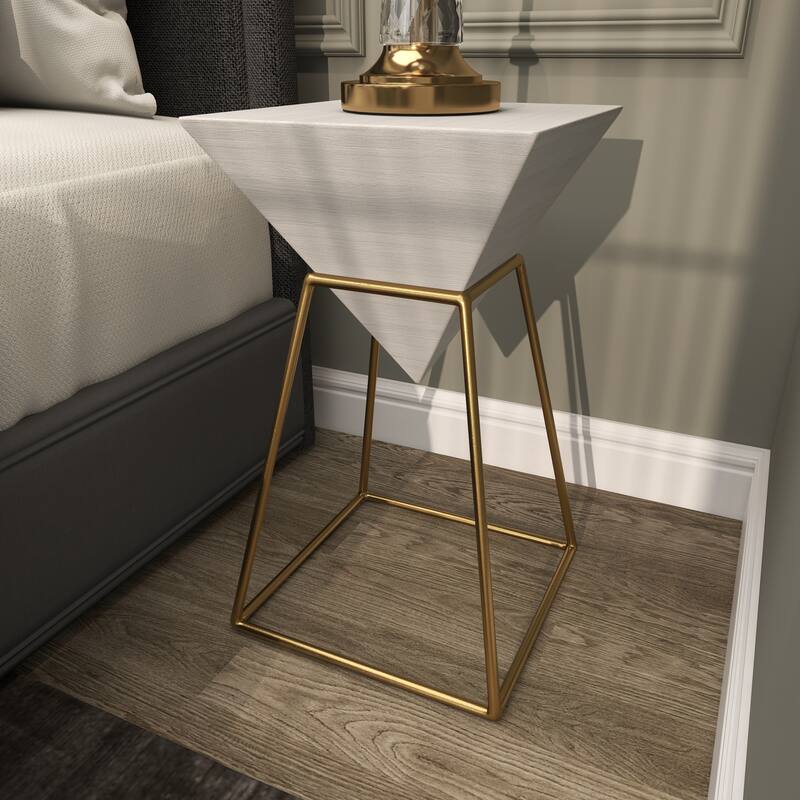 Minimalist Wood Inverted Pyramid Geometric Accent Table with Metal Stand - White or Black