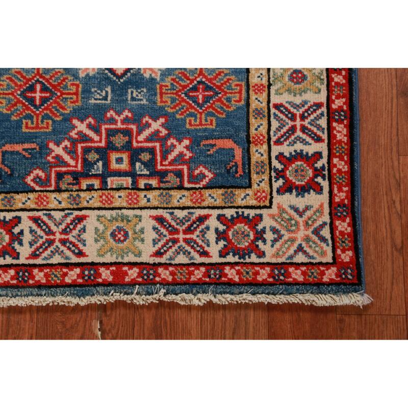 Geometric Kazak Oriental Foyer Rug Hand-Knotted Blue Wool Carpet - 2'0"x 3'0"
