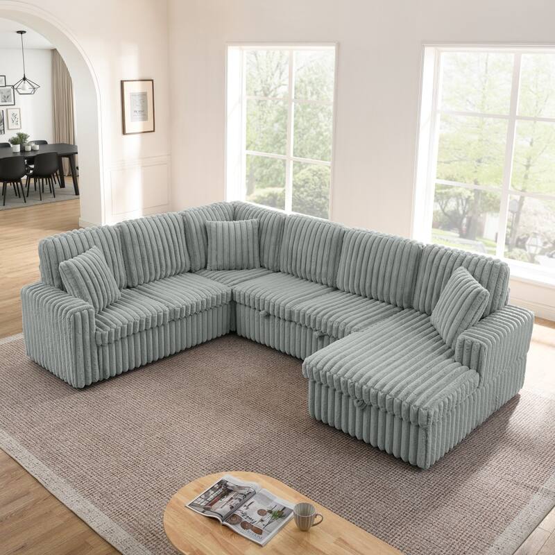 114” Modern Corduroy Striped U-shaped Combination Sofa with Pull-out Bed and Storage Chaise - Grey