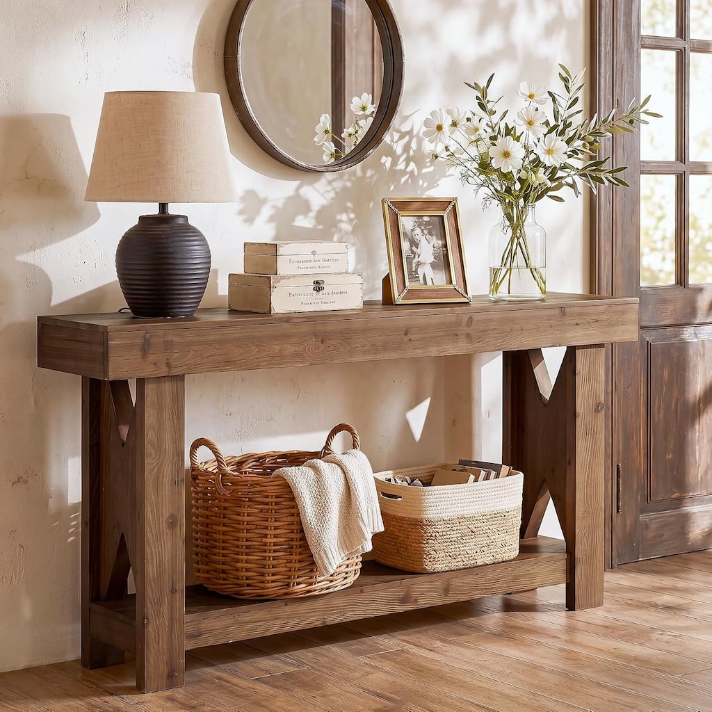 63" Solid Wood Console Tables for Entryway, 2-Tier Rustic Farmhouse Narrow Sofa Table with Sturdy Base