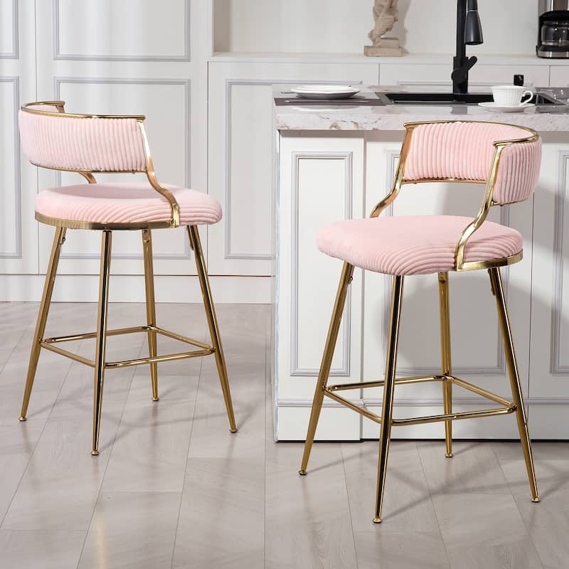 26'' Counter Height Bar Stools Corduroy kitchen Island Counter Bar Stool with Back, Golden Chromed Base and Footrest, Set of 2
