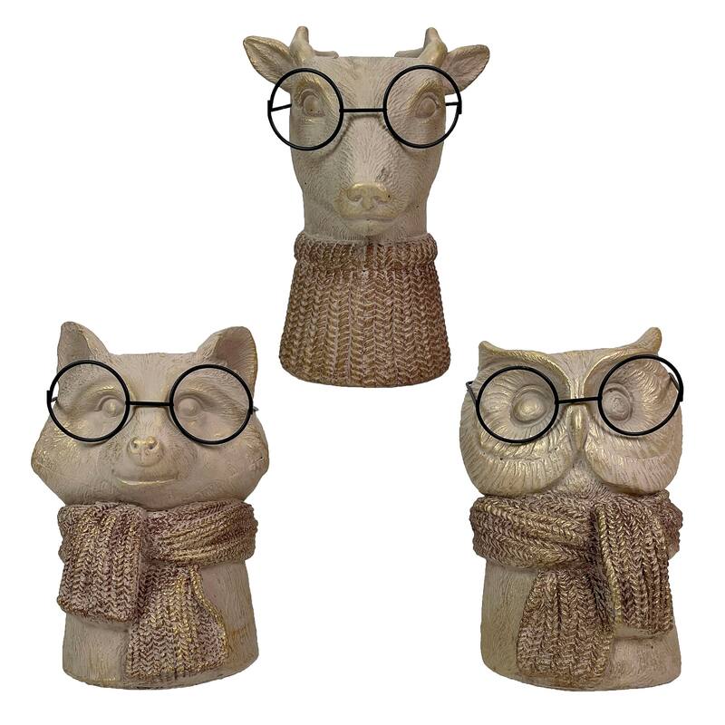 Set Of 3 Bespectacled Animal Vases Fox Owl Deer Gold Accent Knit