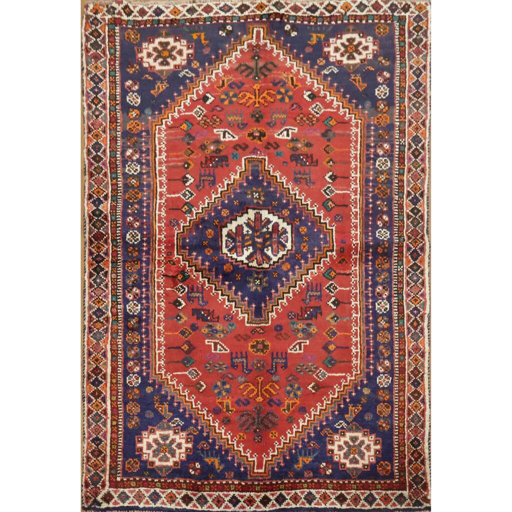 Hand Knotted Oriental 100% Wool Carpet Traditional Tribal Red Shiraz Area Rug - 5' 0'' X 3' 5''