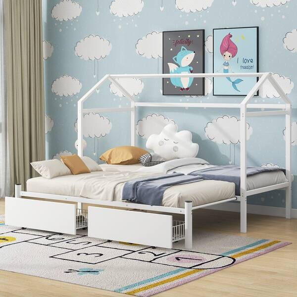 slide 2 of 7, Metal Twin XL to King Twin Size House-shaped Platform Bed with 2 Drawers White