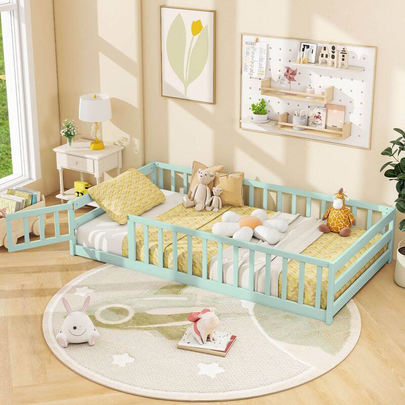 Costway Twin Size Floor Bed with Door & Fence with Safety Guardrails &