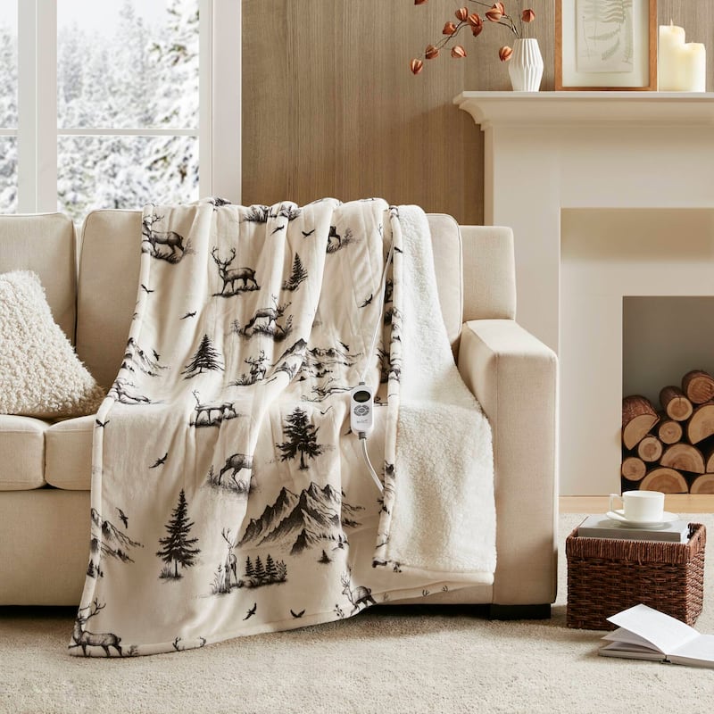 Woolrich Print Plush to Sherpa Heated Throw - 50x60" - Deer