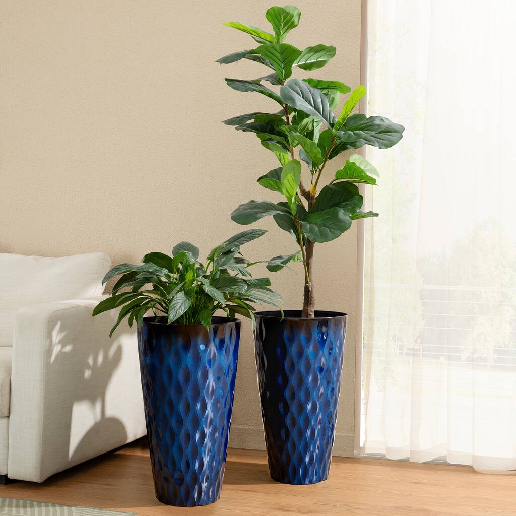 Glitzhome 23.75"H Set of 2 Oversized Wavy Texture Cobalt Blue/Turquoise/Red Tall Plastic Planter