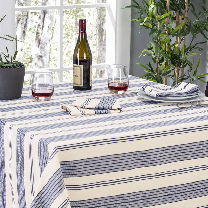 French Home 71" x 119" Blue and Cream Striped Tablecloth - 71" x 119"
