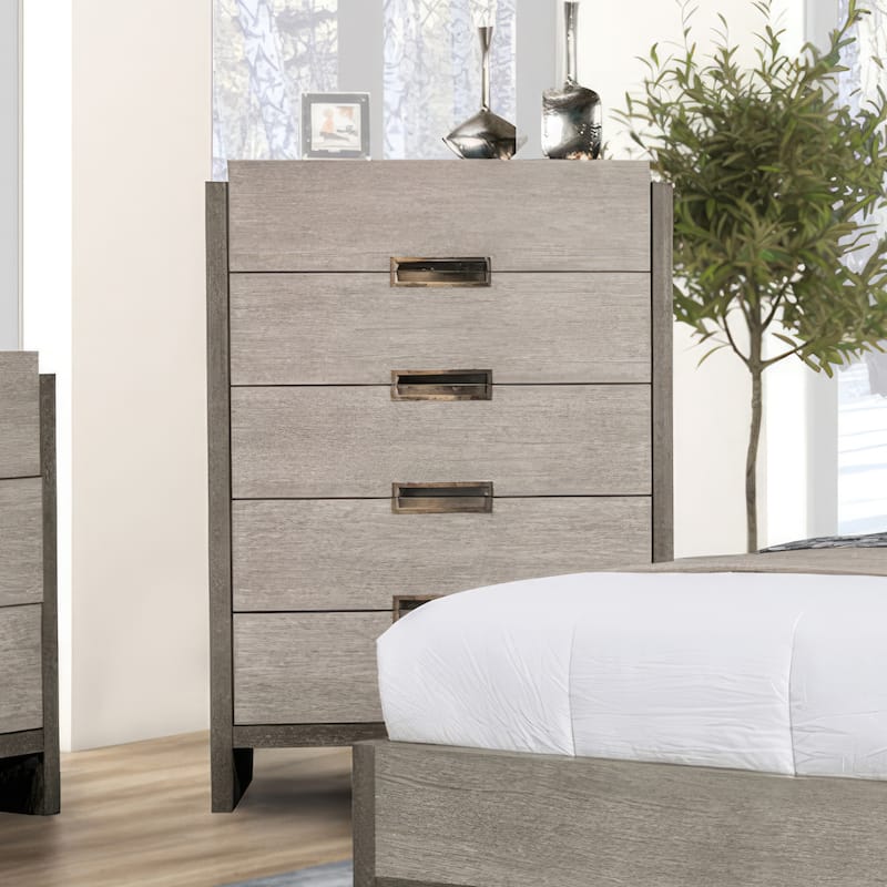 Furniture of America Cruz Contemporary Gray Solid Wood Panel 6-Piece Bed, 2 Nightstand, Chest, Dresser and Mirror Bedroom Set