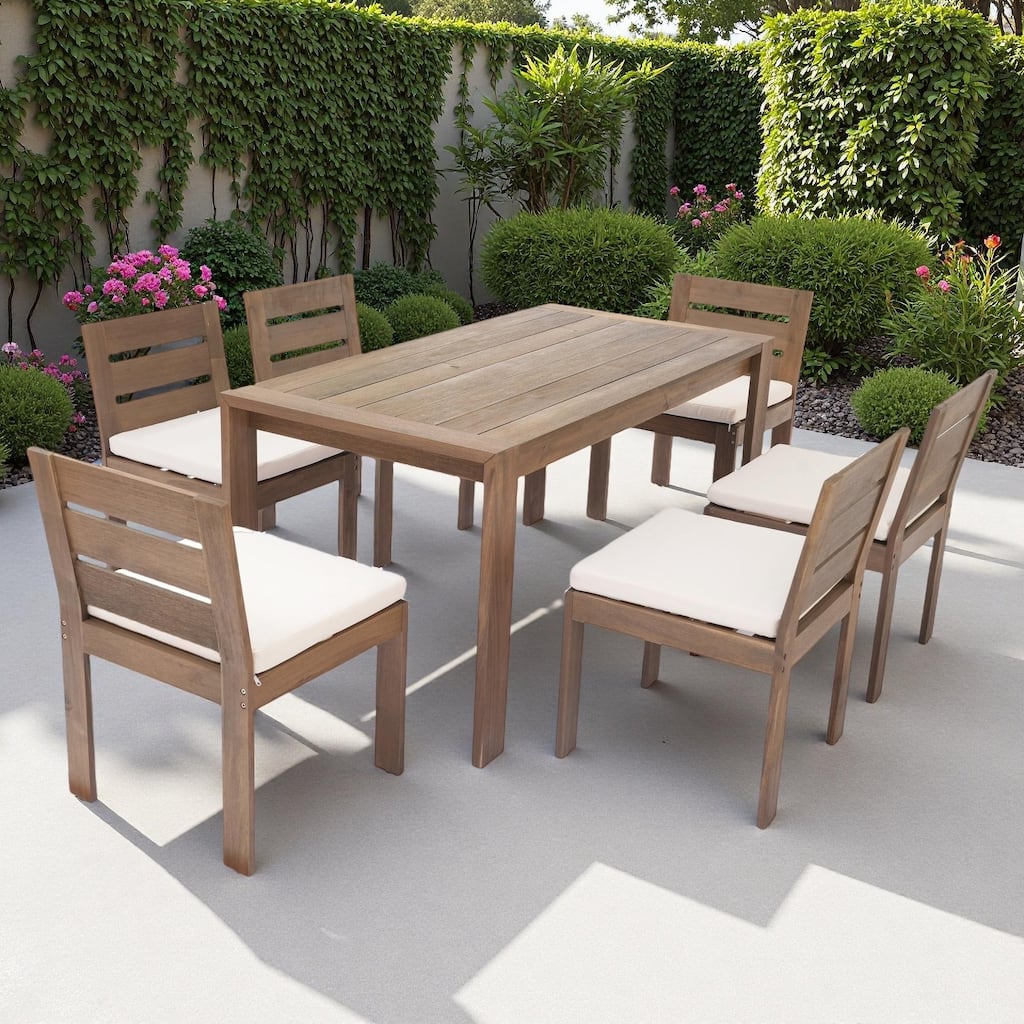 7-Piece Outdoor Patio Acacia Wood Dining Set with Rectangular Table and 6 Cushioned Chairs
