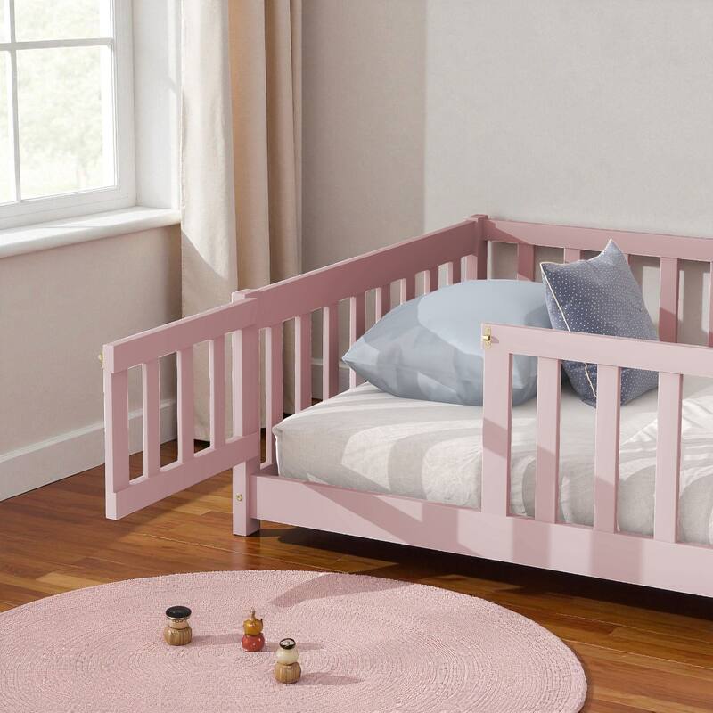 Twin Size Rubber Wood Floor Bed with Fence and Door, Montessori Platform Bed with Safety Guardrails for Kids