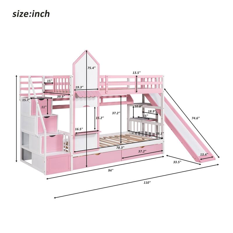 Twin-Over-Twin Castle Style Bunk Bed with Drawers,Shelves,Slide