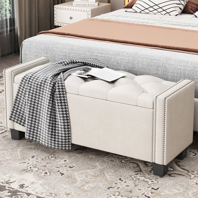 Modern Velvet Upholstered Storage Bench for Bedroom,Ottoman End of Bed Bench with Rivet Design - White