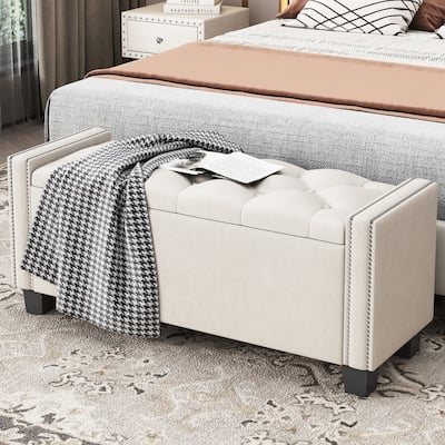 Modern Velvet Upholstered Storage Bench for Bedroom,Ottoman End of Bed Bench with Rivet Design