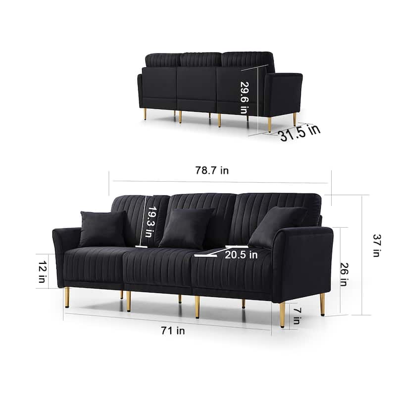 82 inch Velvet Upholstered Channel Tufted Sofa 3-Seater Scrolled Arm ...