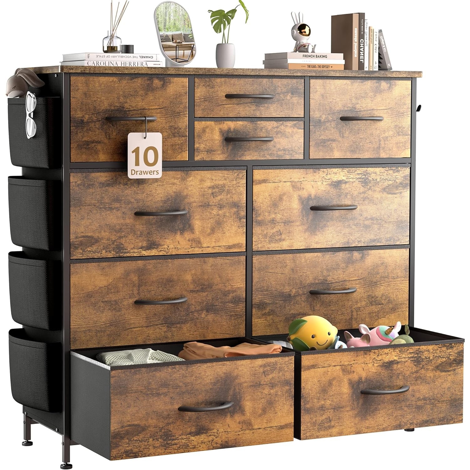 Dresser for Bedroom with 10 Drawers, Storage Drawer Organizer, Tall Chest  of Drawers for Closet, Clothes, Kids, Baby, Living Room, Wood Board, Fabric  Drawers (Rustic Brown) 