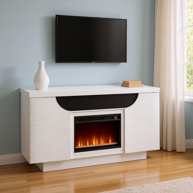 66" White Ribbed Wood Electric Storage Cabinet Fireplace With LED And Speaker - White - Electric