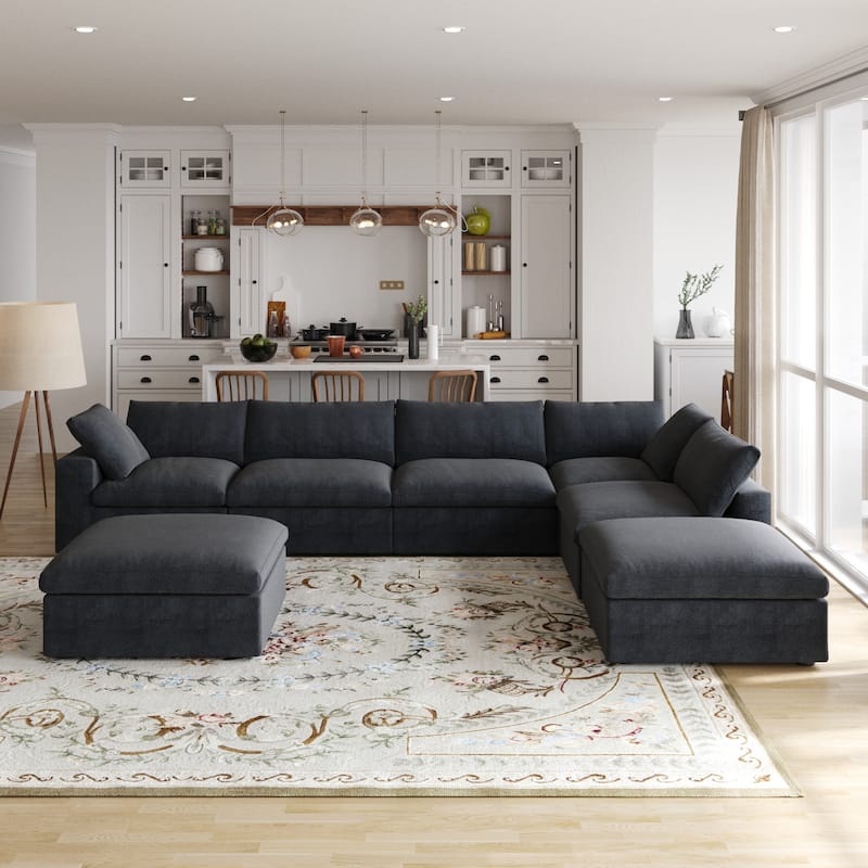 160 in. Free Combination Overstuffed Down Filled Comfort Linen U-shape 6-Seat Sofa Modular Sectional with Ottoman - Black