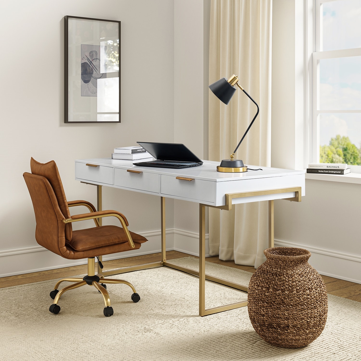 HULALA HOME Patricia Modern 3 Drawer Desk with USB Ports and Outlet