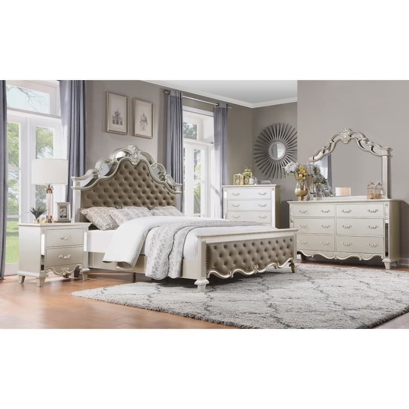 Dorella Champagne Faux Leather Upholstered Tufted Bed