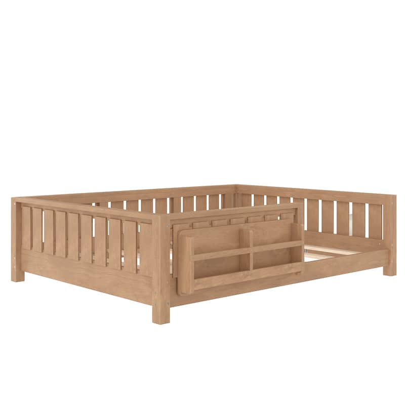 Low Profile Montessori Bed Floor Platform Bed with Fence and Bookshelf