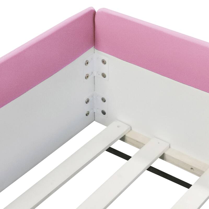 Upholstered Floor Bed Fence Bed Slat Platform Bed with Fence and Second Level Ladder, Anti-collision Frame for Kids Toddler