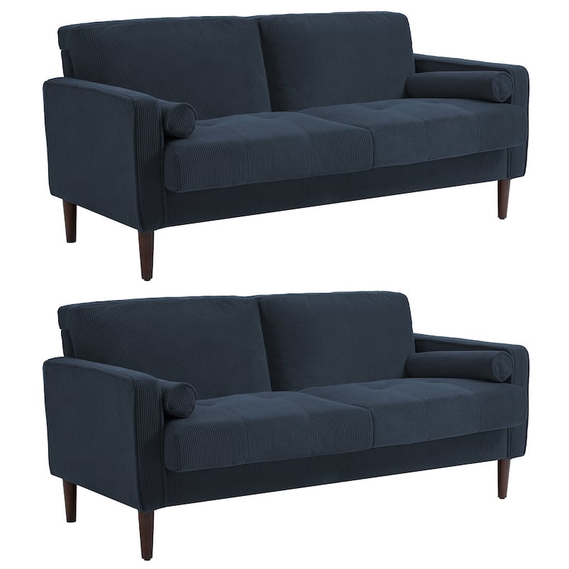 Modern Corduroy Upholstered Loveseat with Bolster Pillows and Wood Legs