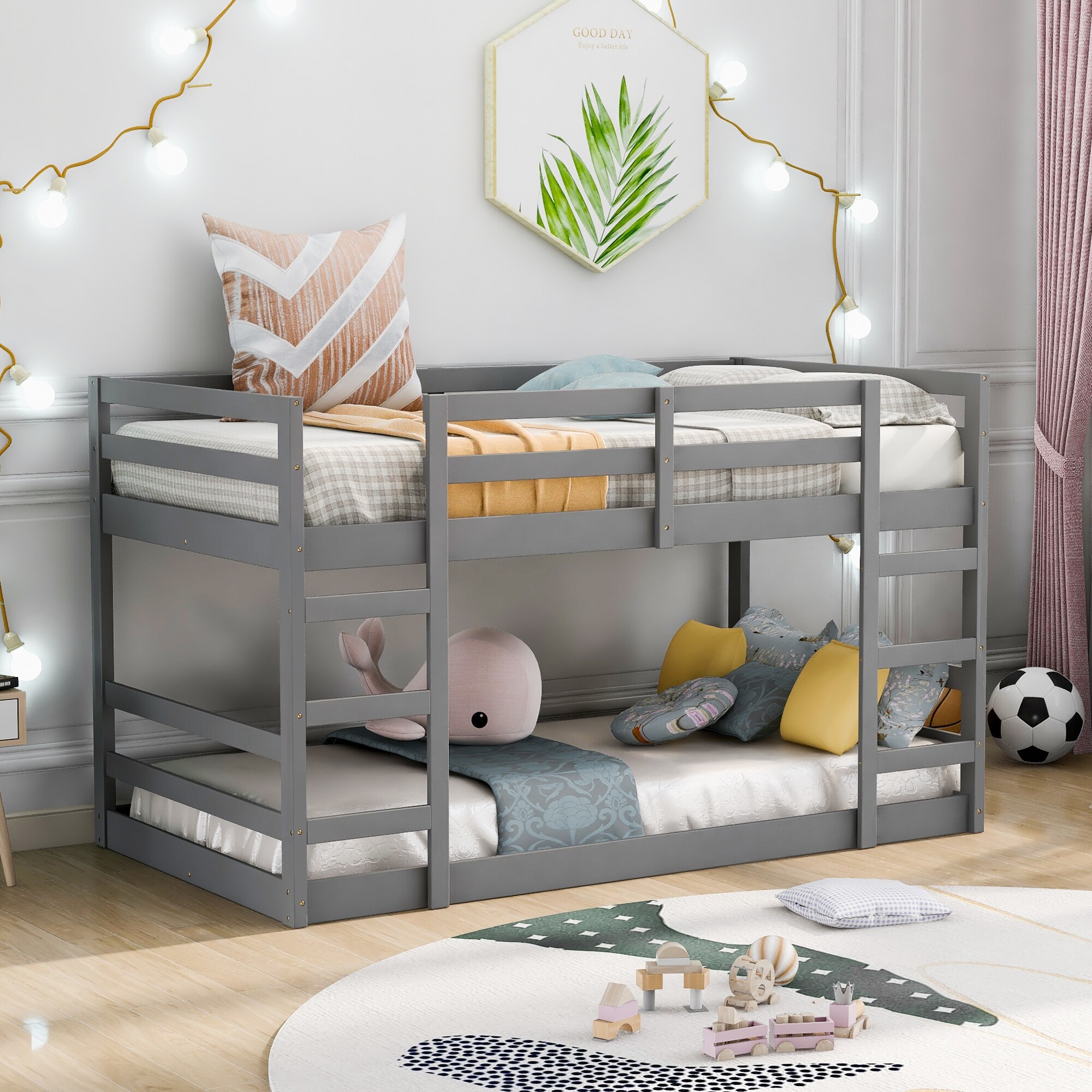 Modern Concise Design Twin Over Twin Bunk Bed,Solid Pine Wood
