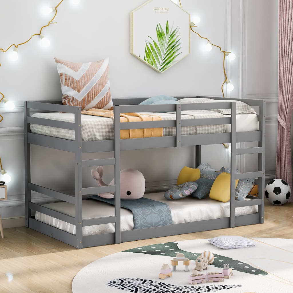 Twin Over Twin Bunk Bed with Ladder Solid Pine Wood Frame
