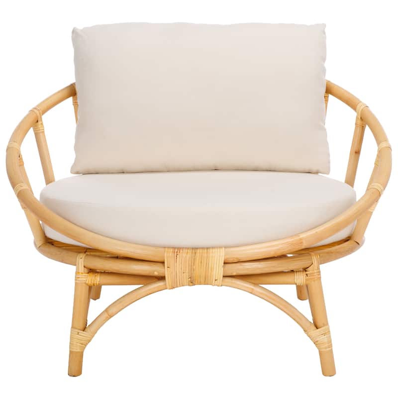 SAFAVIEH Gwyneth Boho Coastal Solid Wood Accent Chair with Cushion - 39"W x 39"D x 28"H