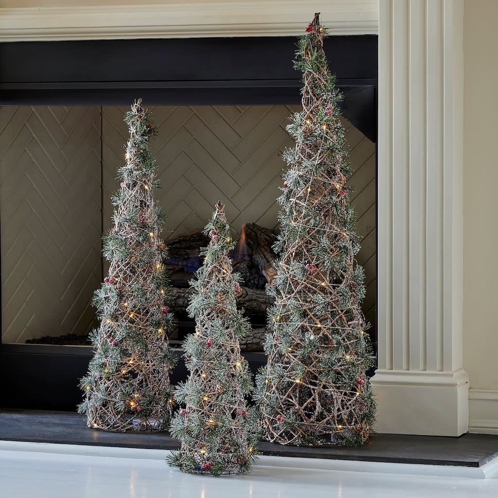 Pre-lit Cone Trees with Greenery - Set of 3 (Battery Operated)