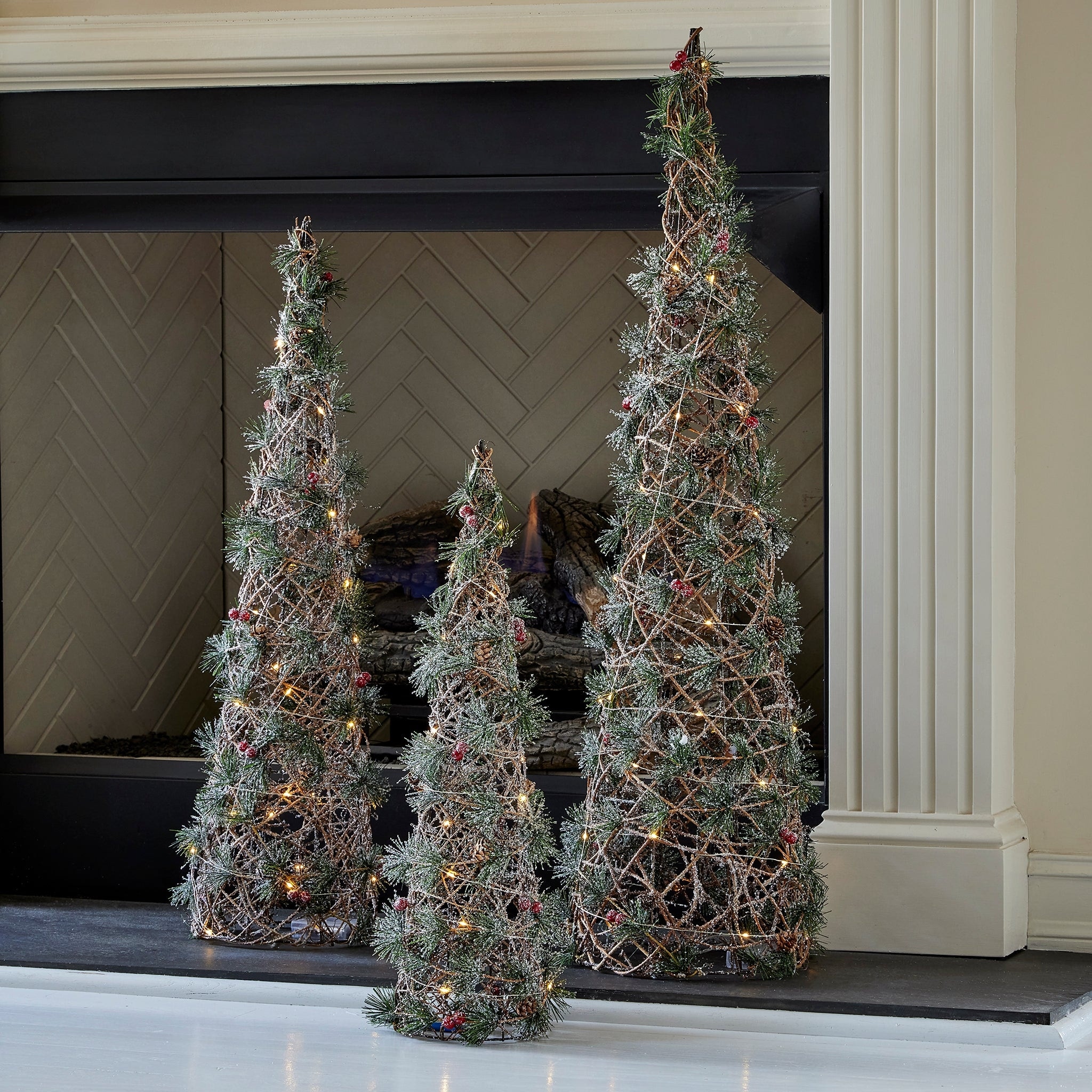 Pre-lit Cone Trees with Greenery - Set of 3 (Battery Operated)