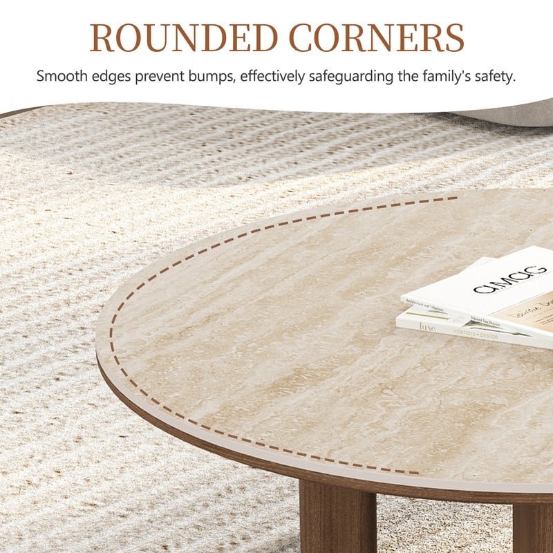 35.4'' Mid-Century Modern Round Coffee Table with Stone Countertop, Stain-Resistant Center Table for Living Room