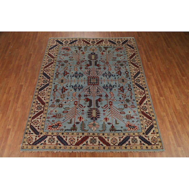 Light Blue Heriz Serapi Indian Area Rug Hand-Knotted Wool Carpet - 7'9" x 9'9"