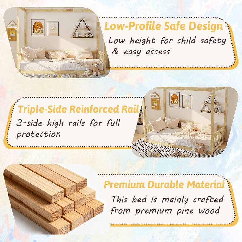 Twin Size Wooden Canopy Floor Bed with Guardrails and Fence, Low Profile Kids Bed Frame, No Box Spring Needed