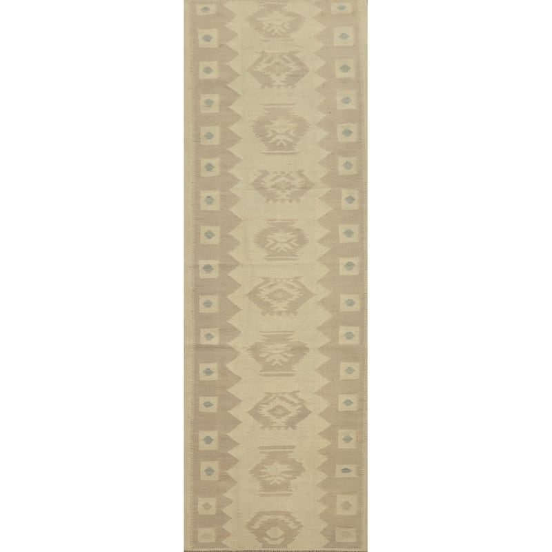 Hand Woven Oriental 100% Wool Carpet Southwestern Tribal Beige & Ivories Kilim Runner Rug - 9' 10'' X 2' 6''