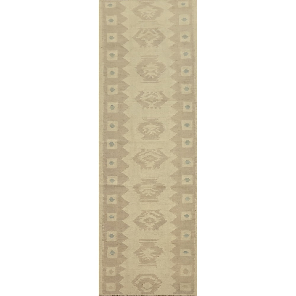 Hand Woven Oriental 100% Wool Carpet Southwestern Tribal Beige & Ivories Kilim Runner Rug - 9' 10'' X 2' 6''