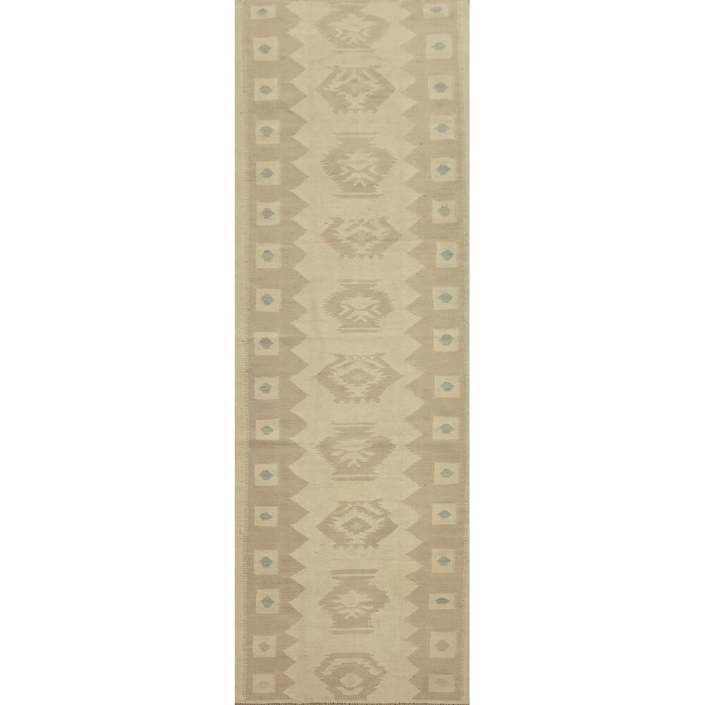 Hand Woven Oriental 100% Wool Carpet Southwestern Tribal Beige & Ivories Kilim Runner Rug - 9' 10'' X 2' 6''