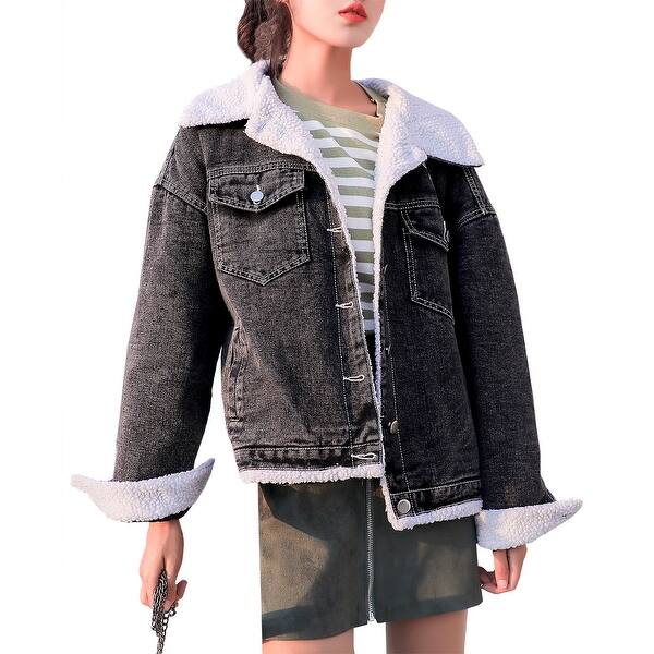 Shop Qzunique Women S Winter Warm Denim Cotton Padded Jacket Long Sleeves Short Outwear Lapel Thick Denim Coat Overstock 26478691