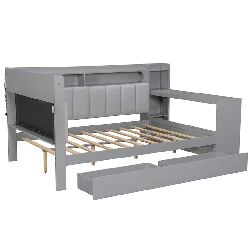 Full Daybed with Storage Shelves Built-in Charging Station LED Light, L-shape Upholstered Sofa Bed with 2 Drawers, Cabinet, Desk