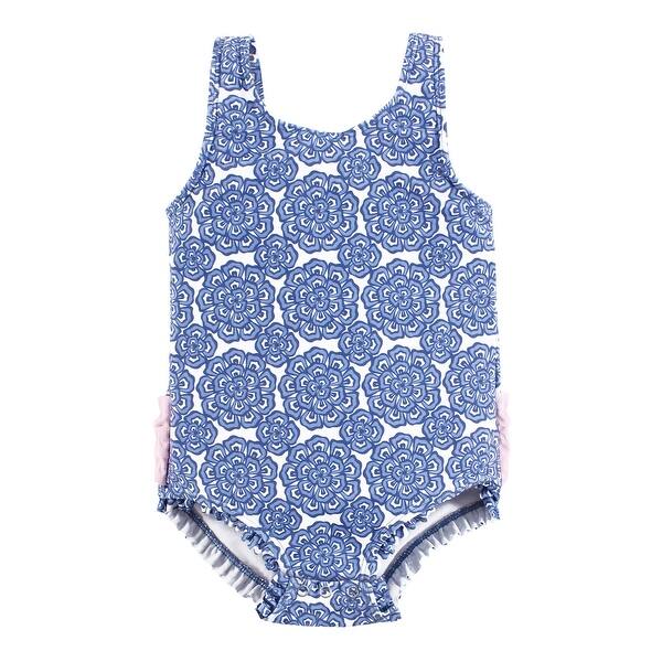slide 1 of 1, Hudson Baby Girls Baby Swimsuit, Blue Medallion Flower 12-18 Months - Blue Medallion Flower Baby