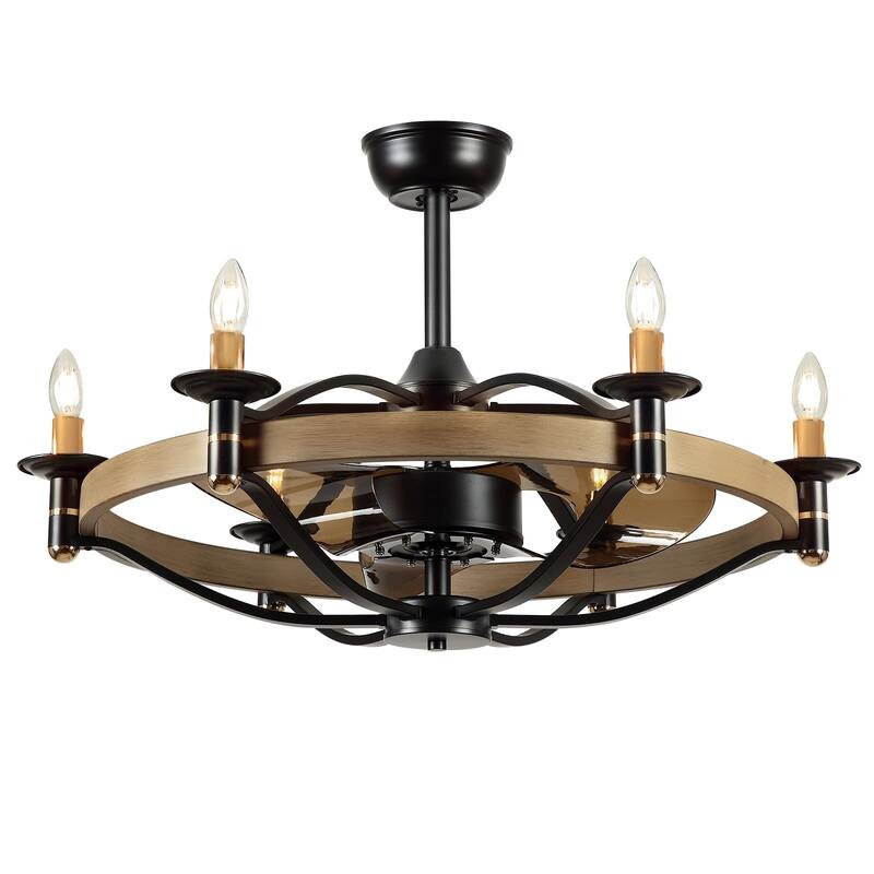 23"/32" Modern Chandelier LED Ceiling Fan with Remote,Wood Grain Caged Fandelier