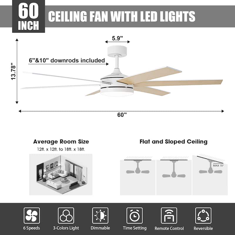 Vaczon 60-in White Wooden Reversible Large Coastal Smart Ceiling Fan with Light and APP Control