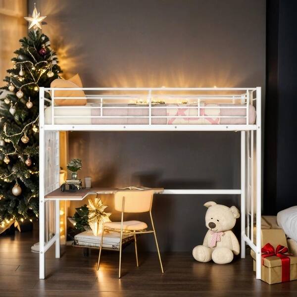 slide 2 of 22, Industrial Modern Full Metal Loft Bed with Desk and Metal Grid, Space-saving, Sturdy Construction & Safety Guaranteed, White White