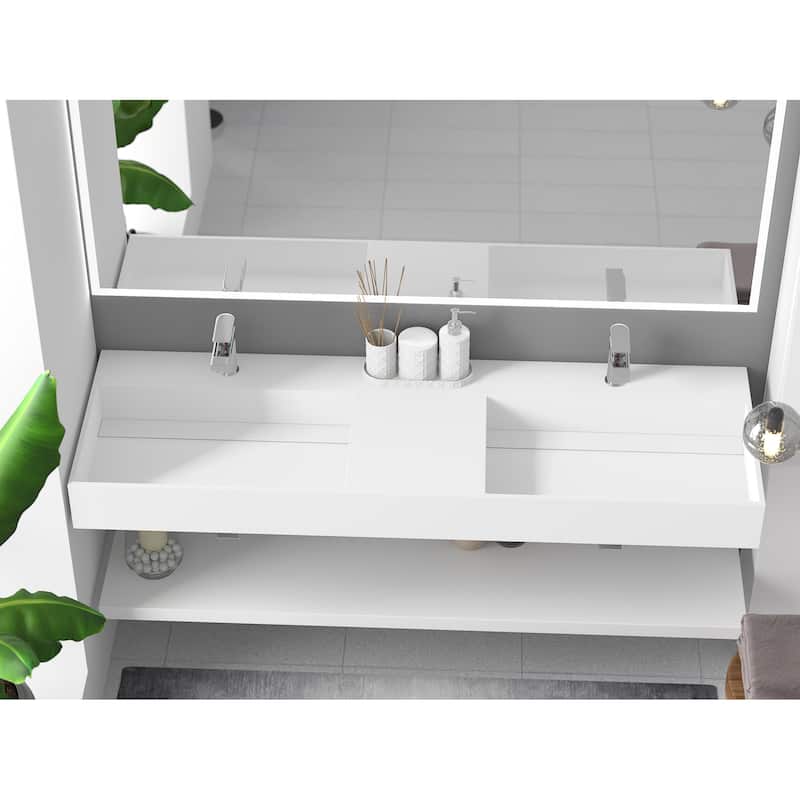 Juniper Stone Solid Surface Wall-mounted Vessel Sink - 60" - White