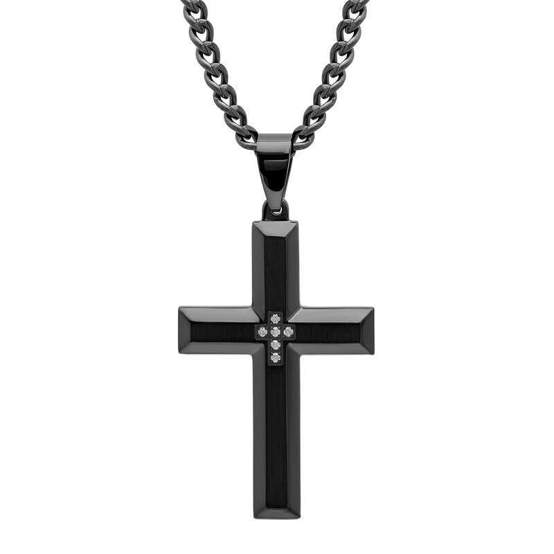Steel Nation Stainless Steel Cross Pendant 0.05ctw - Black - White