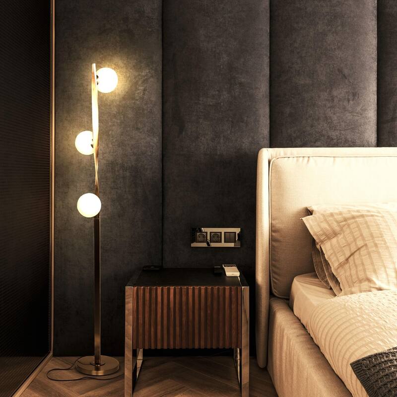 Brightech Nola 60 in. Antique Brass Industrial 3-Light 3-Way Dimming LED Floor Lamp with 3 Frosted White Glass Globe Shades